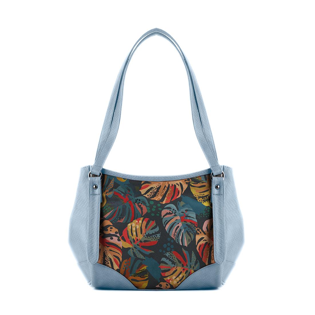 Blue Leather Tote Bag Big Leafs - CANVAEGYPT