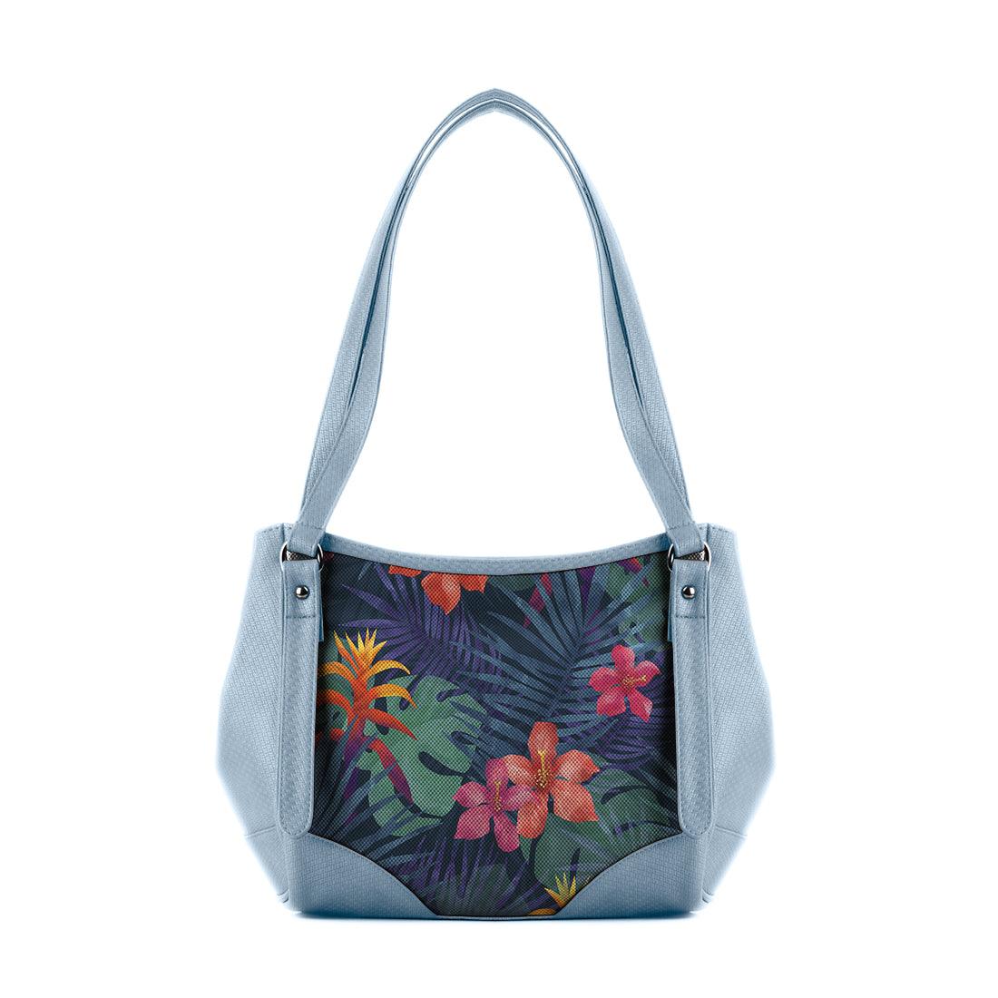 Blue Leather Tote Bag Dark Floral - CANVAEGYPT