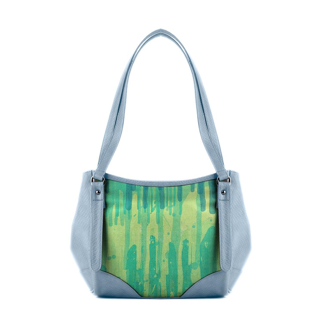 Blue Leather Tote Bag Green Lines - CANVAEGYPT