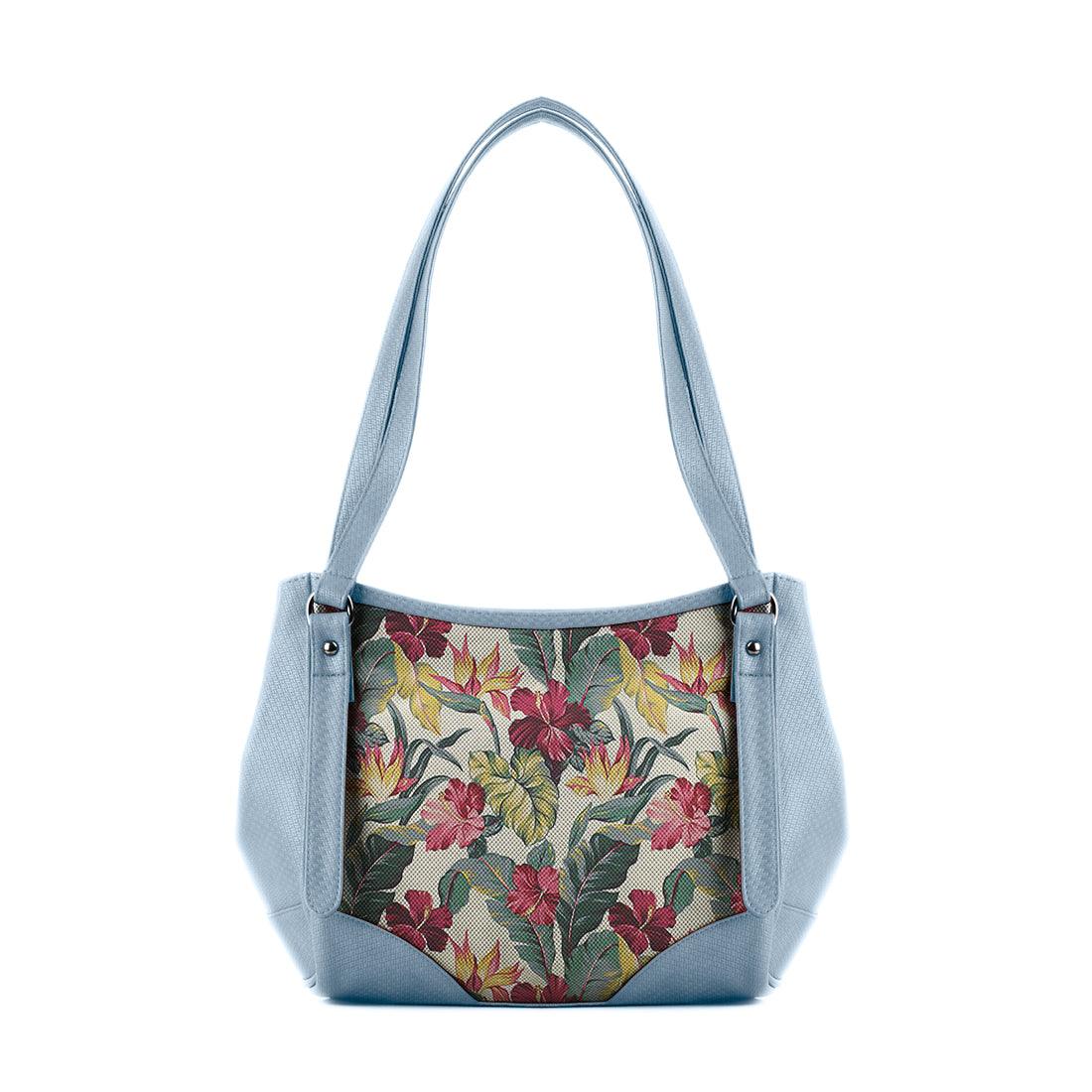 Blue Leather Tote Bag Tropical Flowers - CANVAEGYPT