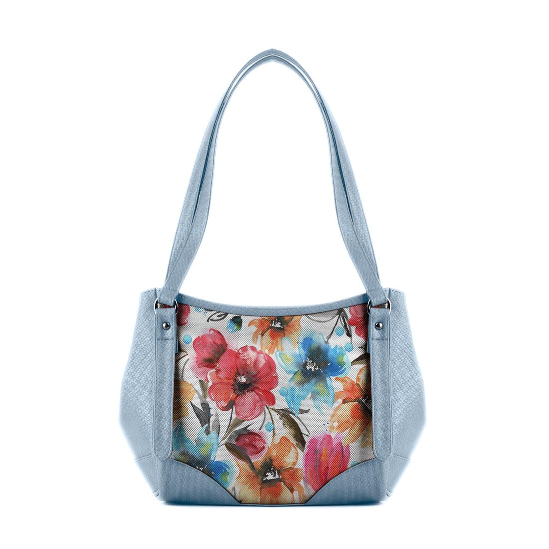 Blue Leather Tote Bag White Floral - CANVAEGYPT