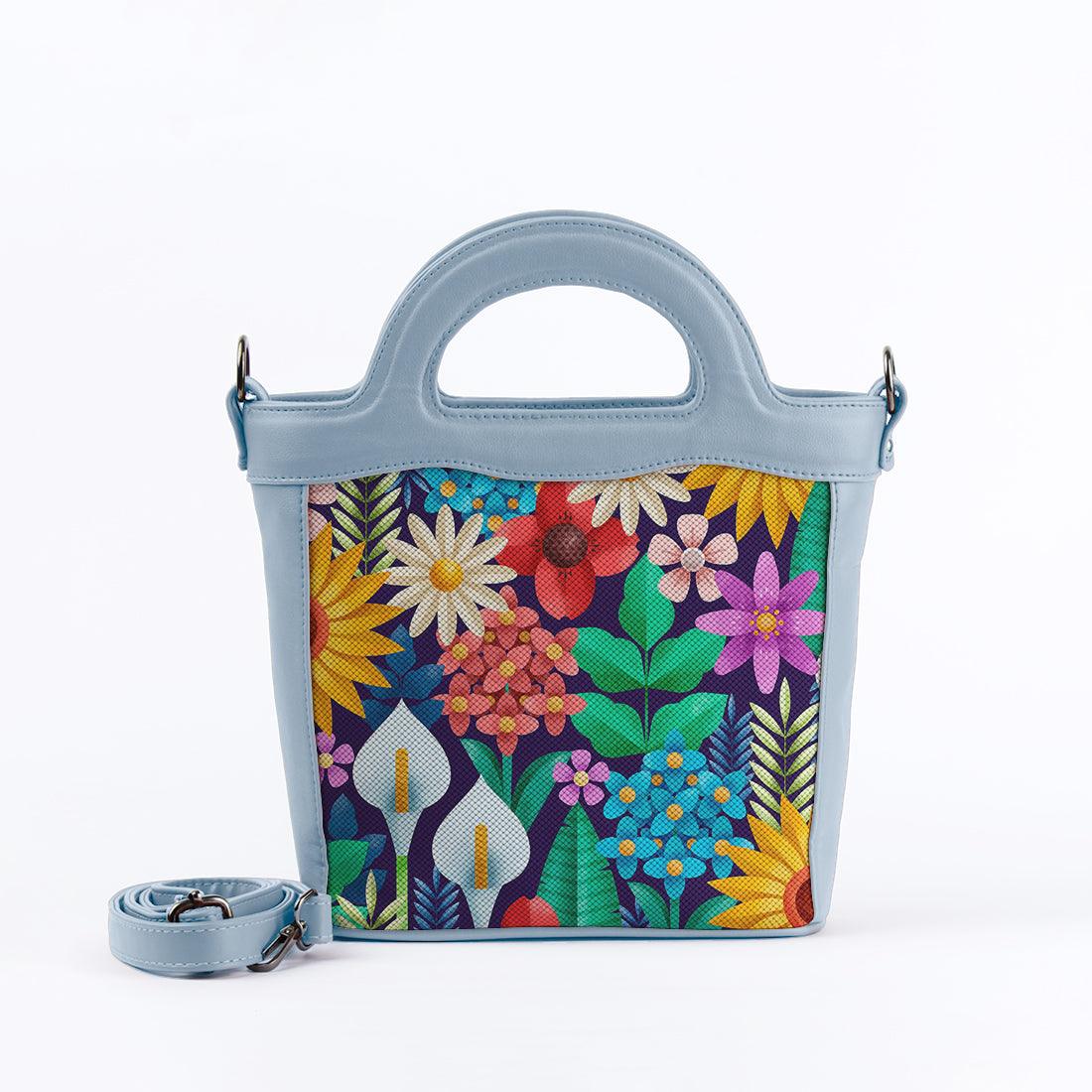 Blue Top Handle Handbag Standing Flowers - CANVAEGYPT