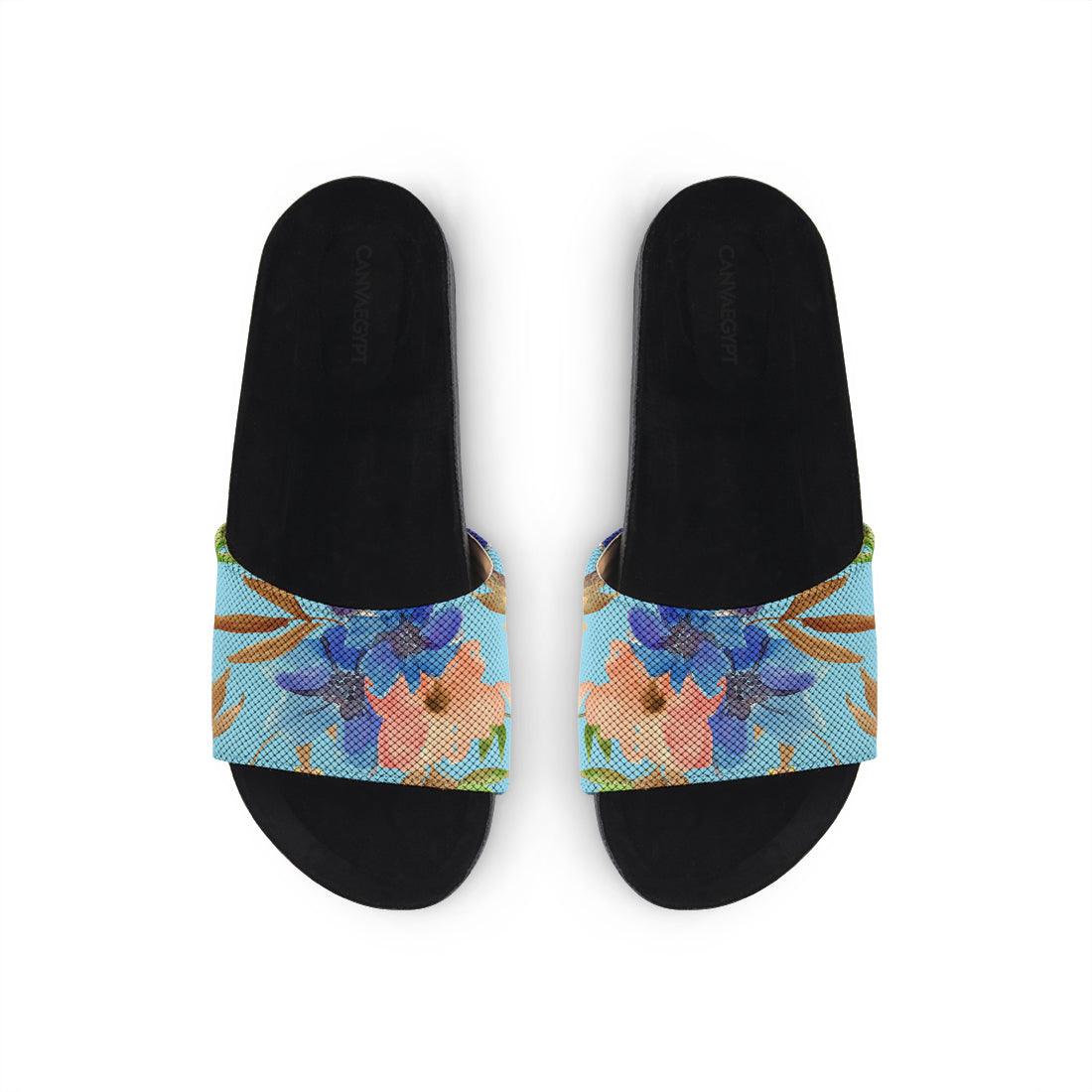 Black Slide Slipper Floral in blue - CANVAEGYPT