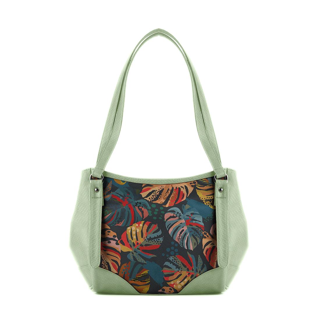 Mint Green Leather Tote Bag Big Leafs - CANVAEGYPT