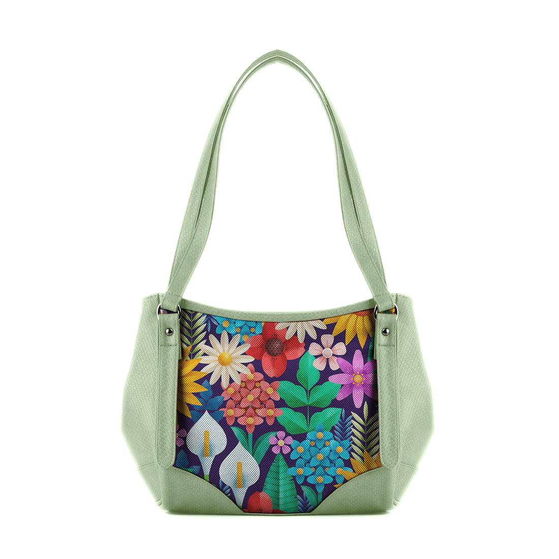 Mint Green Leather Tote Bag Standing Flowers - CANVAEGYPT