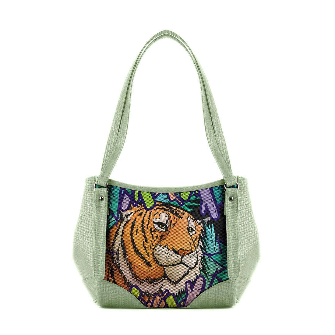 Mint Green Leather Tote Bag Tiger in the jungle - CANVAEGYPT