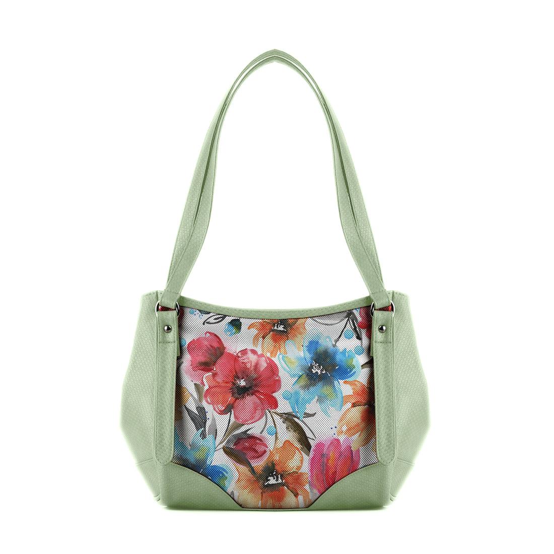 Mint Green Leather Tote Bag White Floral - CANVAEGYPT