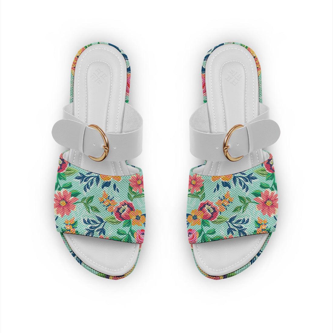 White Buckle Slide Slipper Cyan Floral - CANVAEGYPT