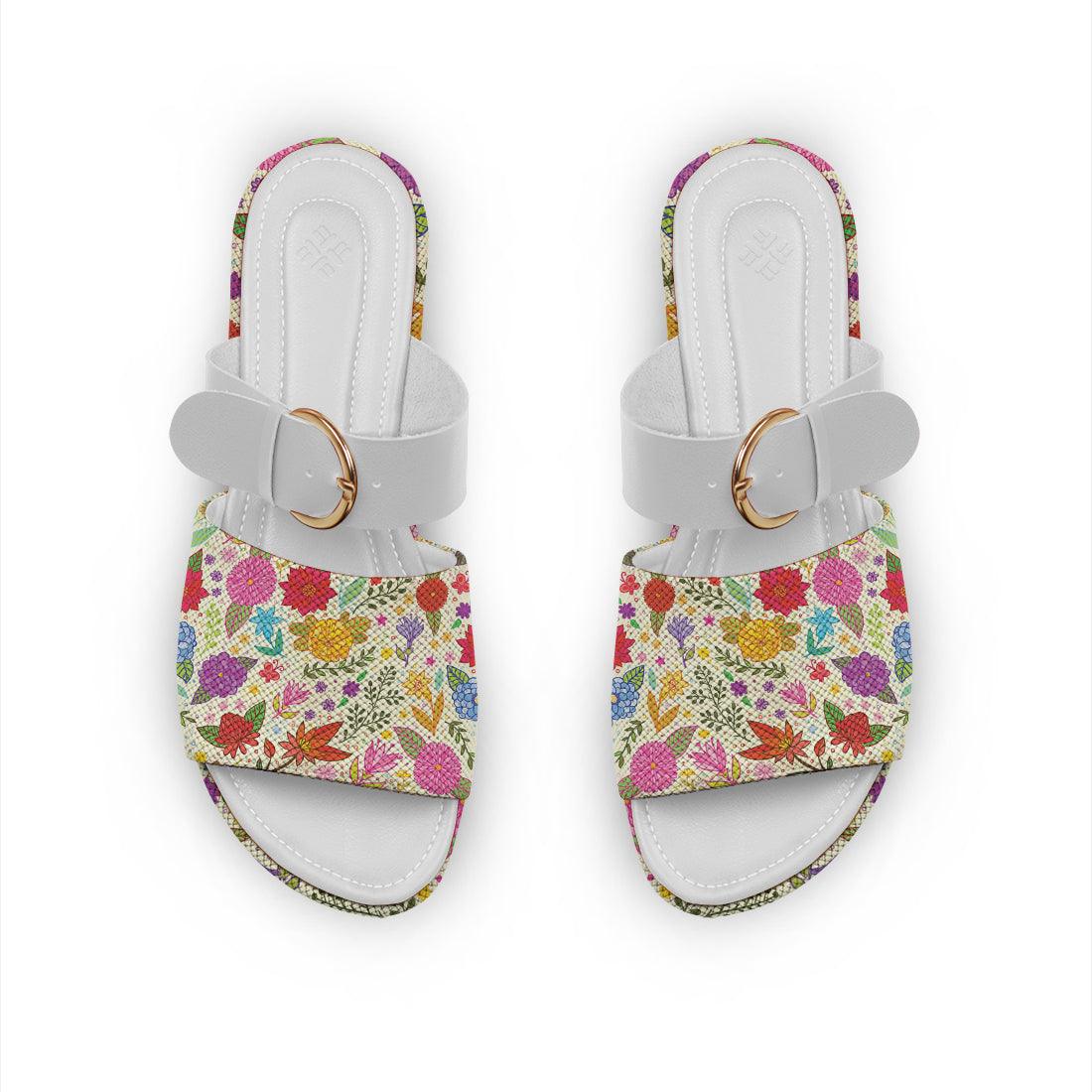 White Buckle Slide Slipper Flowers - CANVAEGYPT