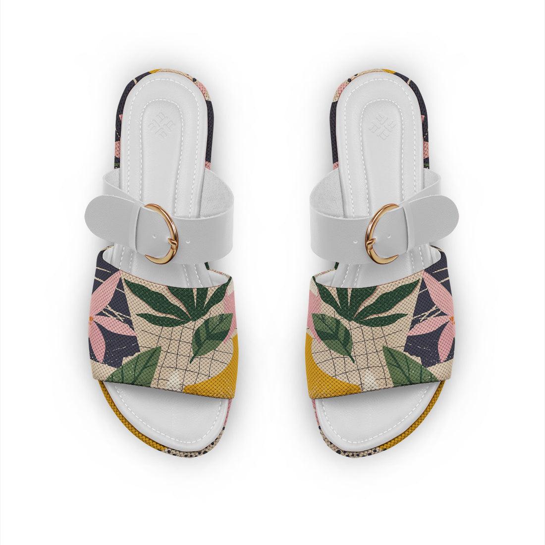 White Buckle Slide Slipper Leafs - CANVAEGYPT