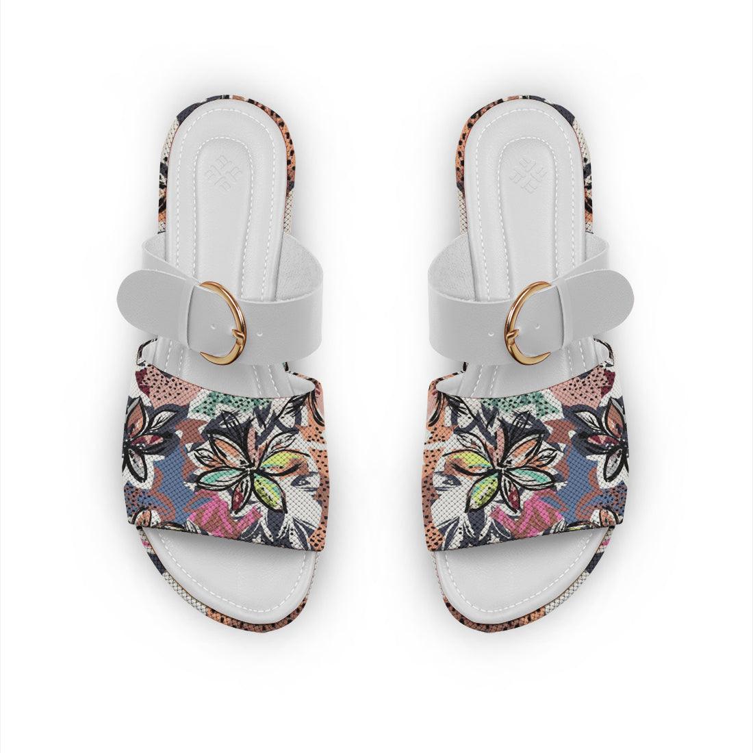 White Buckle Slide Slipper Mixed Floral Art - CANVAEGYPT