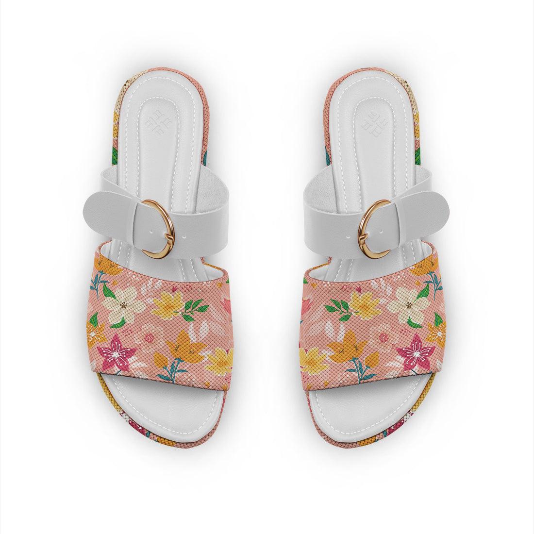 White Buckle Slide Slipper Pink Floral - CANVAEGYPT