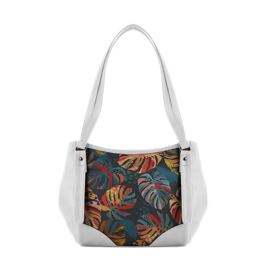 White Leather Tote Bag Big Leafs - CANVAEGYPT