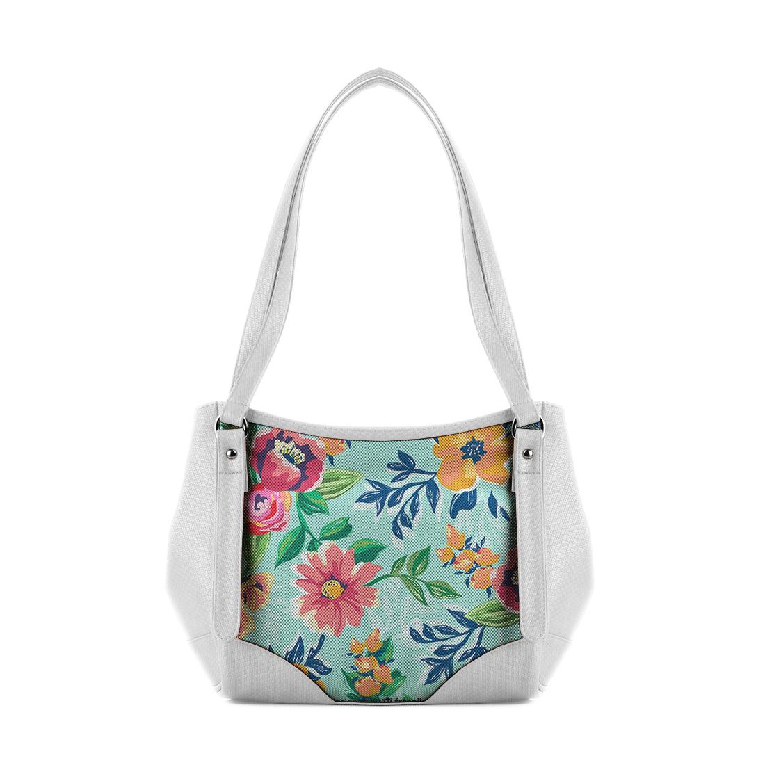 White Leather Tote Bag Cyan Floral - CANVAEGYPT