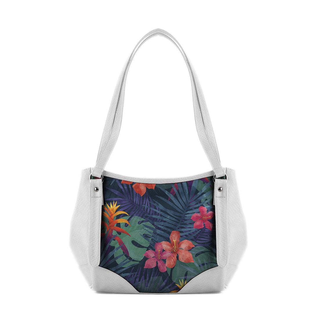 White Leather Tote Bag Dark Floral - CANVAEGYPT