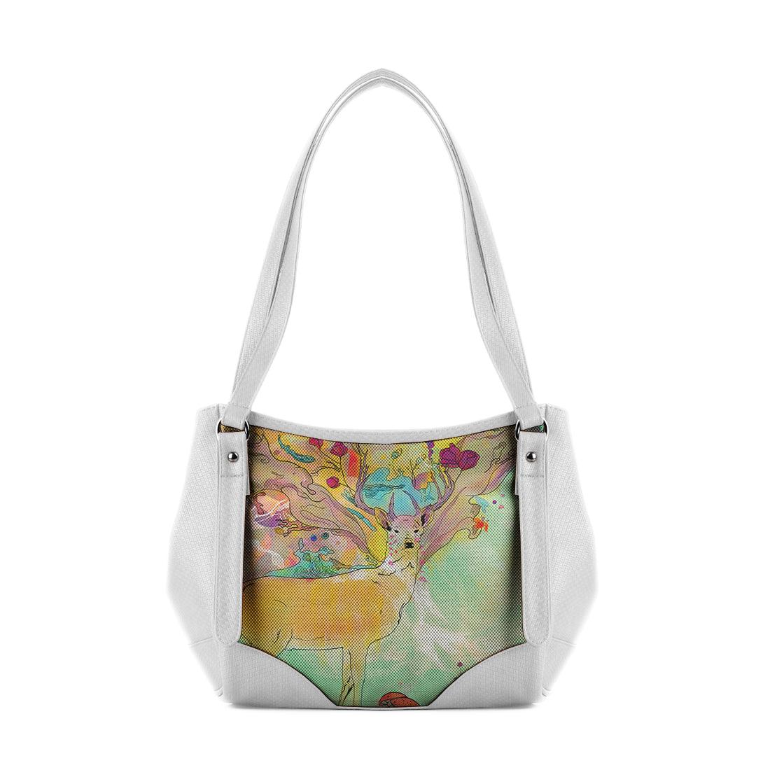 White Leather Tote Bag Garden Deer - CANVAEGYPT