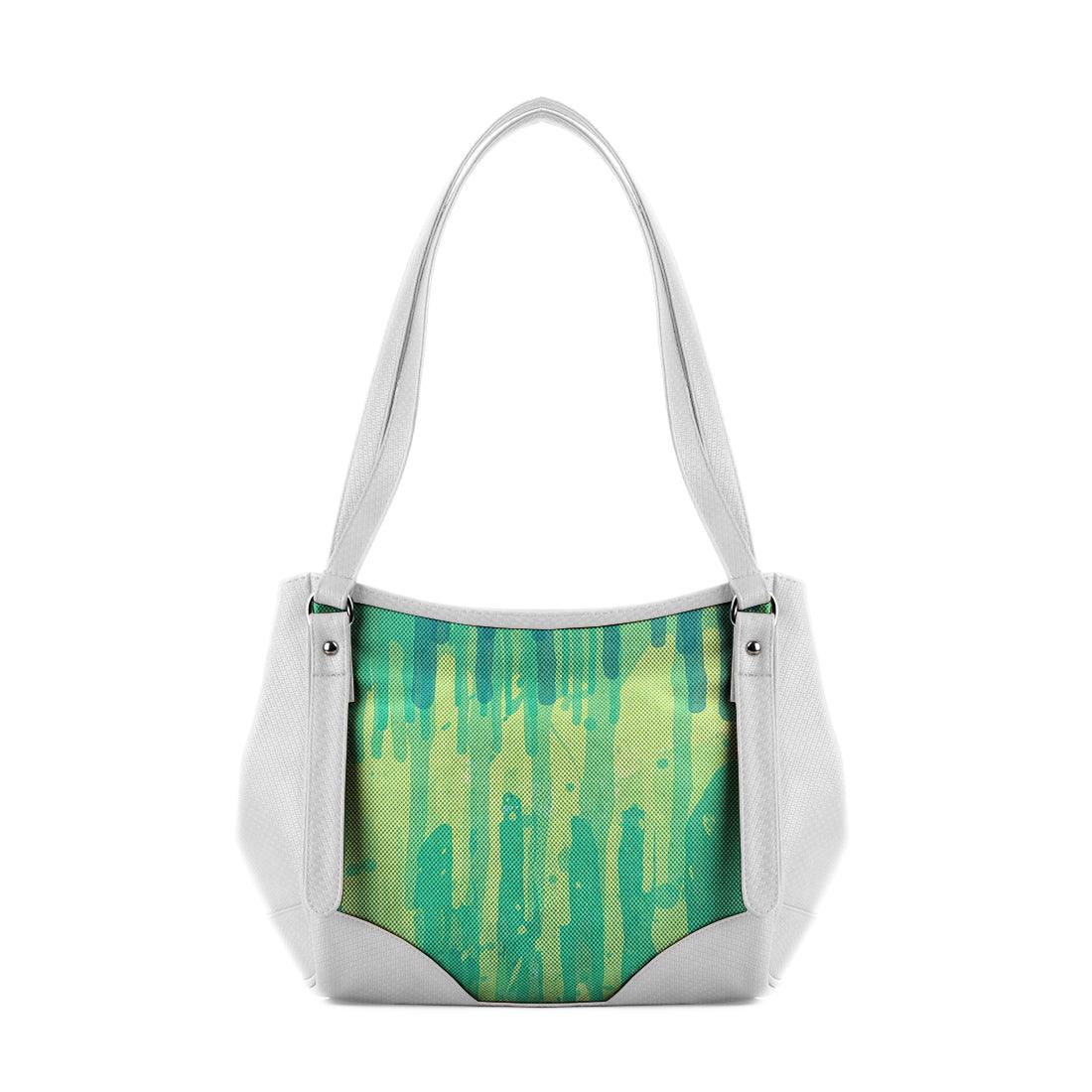 White Leather Tote Bag Green Lines - CANVAEGYPT