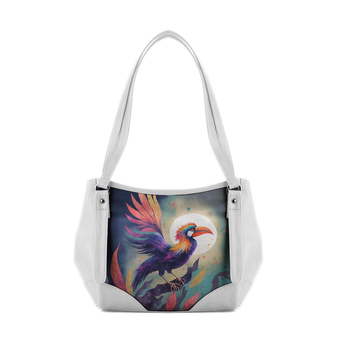 White Leather Tote Bag Sparrow on the branch - CANVAEGYPT