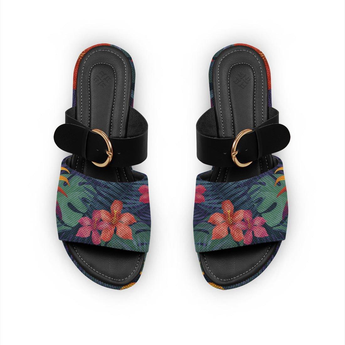 Black Buckle Slide Slipper Dark Floral - CANVAEGYPT